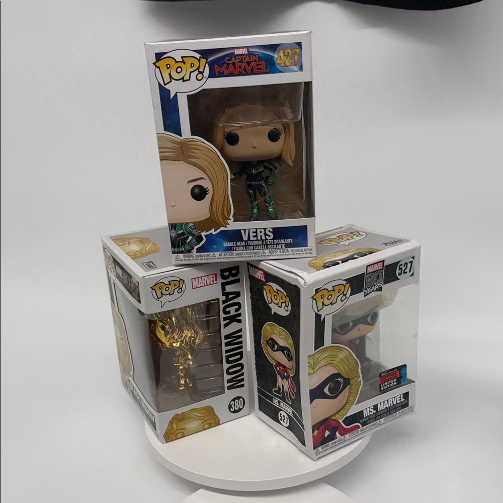 Funko Pop! Vers, Black Widow, and Ms. Marvel Figures Bobbleheads